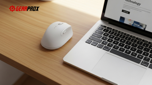 Chuột không dây và laptop trên bàn làm việc